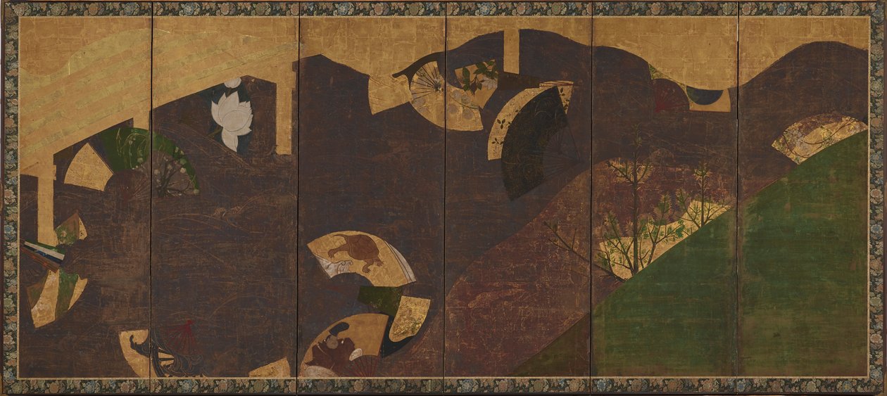 Vignes de lierre, ponts et éventails flottants, période Momoyama ou Edo, début du XVIIe siècle - Sôtatsu