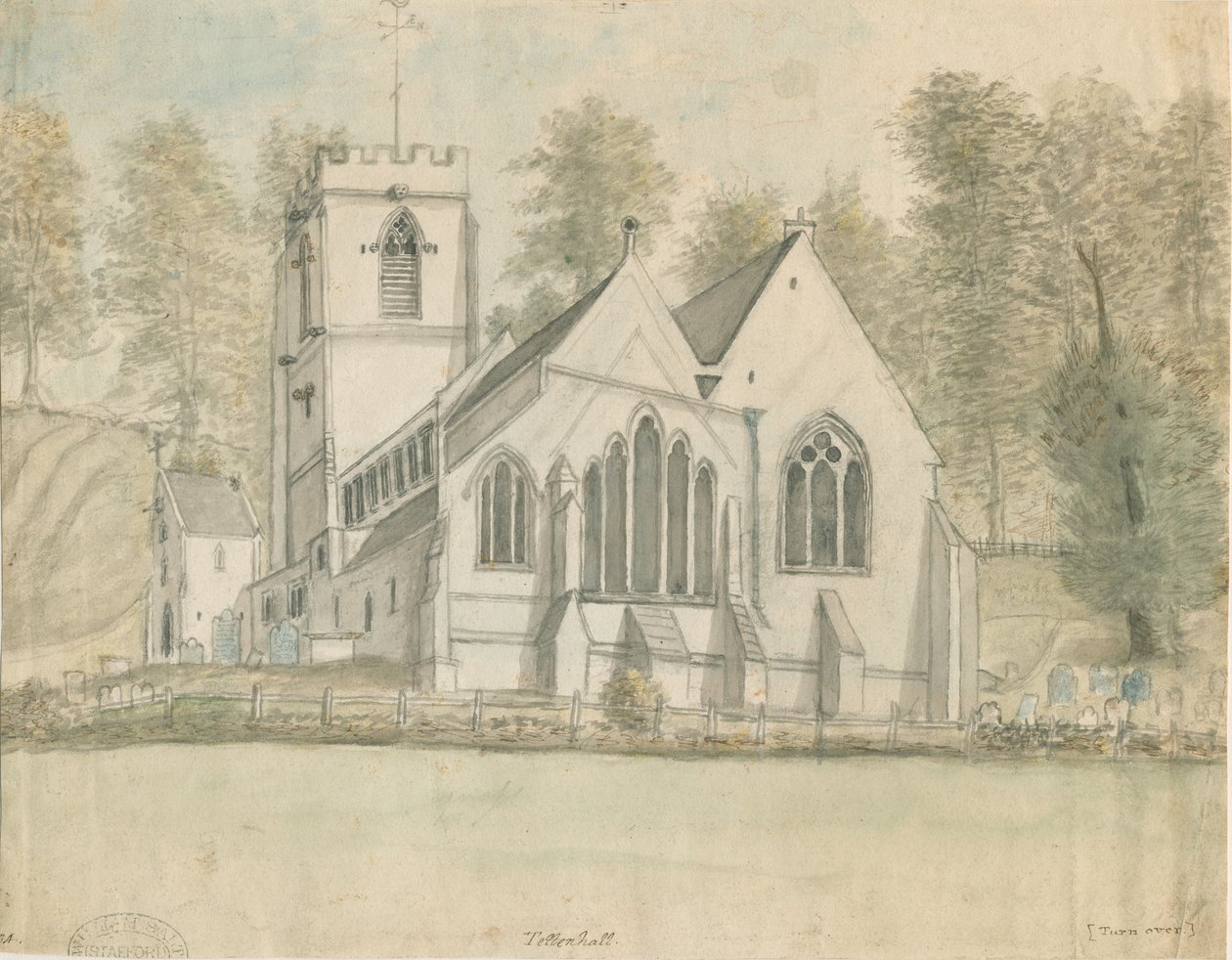 Église de Tettenhall: aquarelle, nd [c 1794] - Stebbing Shaw