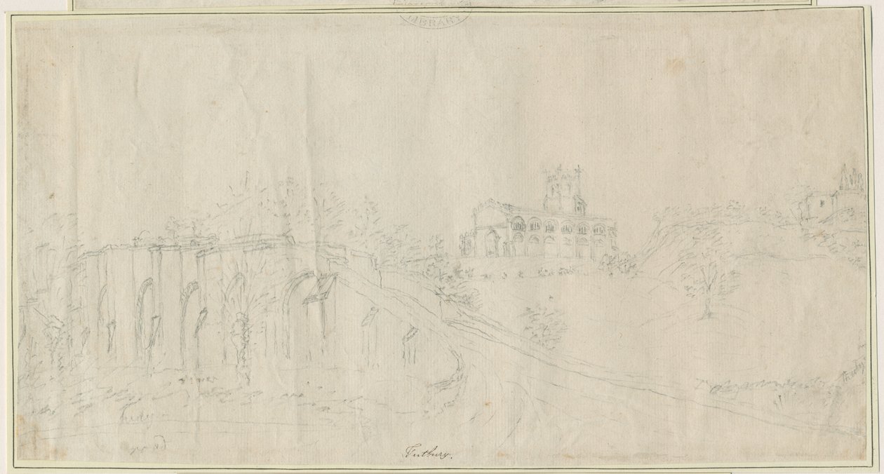 Église et Château de Tutbury - Vue du Nord-Est: dessin au crayon, nd [1762-1802] - Stebbing Shaw