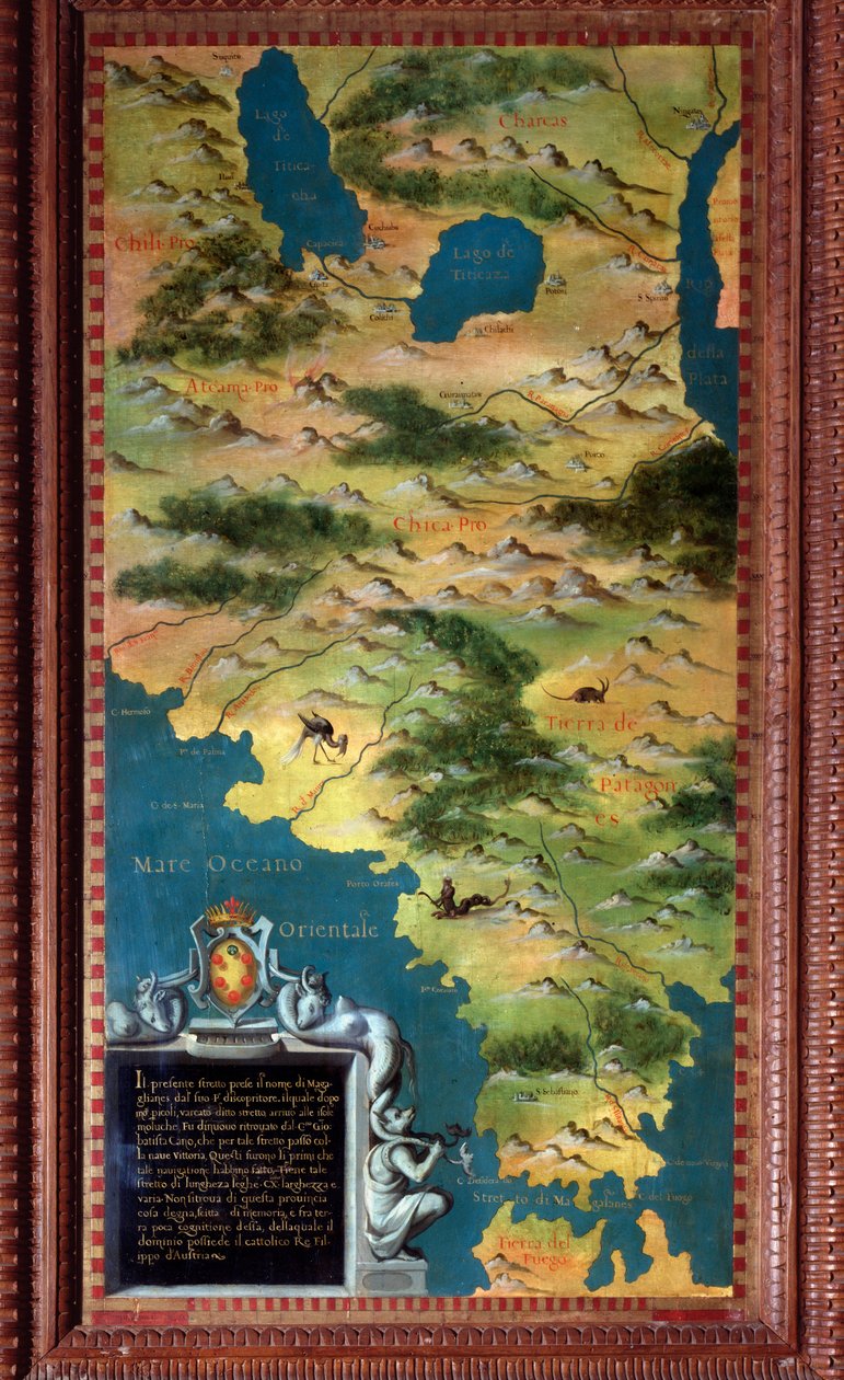 Carte du Chili et du détroit de Magellan réalisée par Stefano Bonsignori (? -1589) cosmographe et peintre italien. Vers 1581. Florence, Palazzo Vecchio, Sala del Mappamondo - Stefano Buonsignori