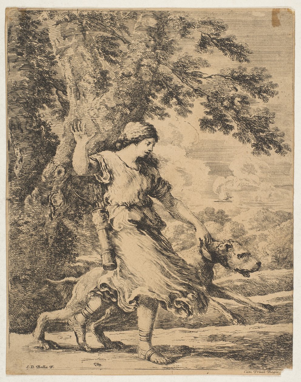 Une nymphe tenant un grand chien par son collier, vers 1654 - Stefano della Bella