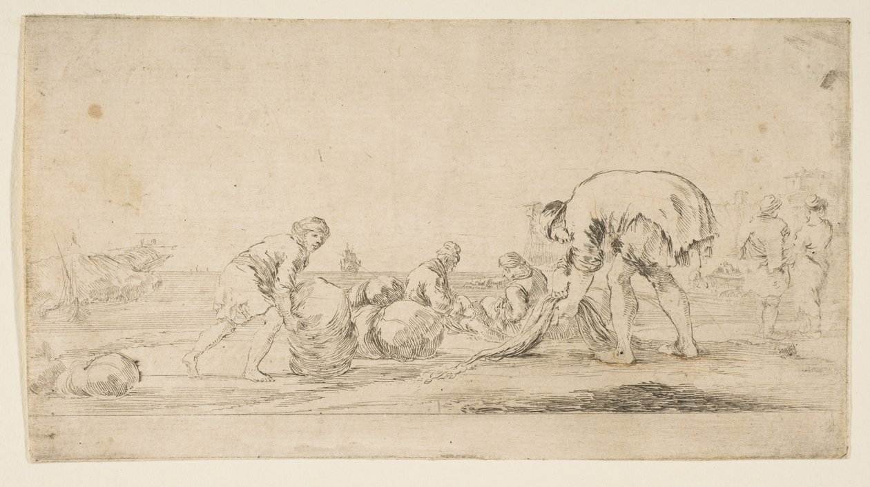 Un pêcheur ramenant ses filets, un homme à gauche poussant une balle à droite, deux assis..., vers 1662 - Stefano della Bella