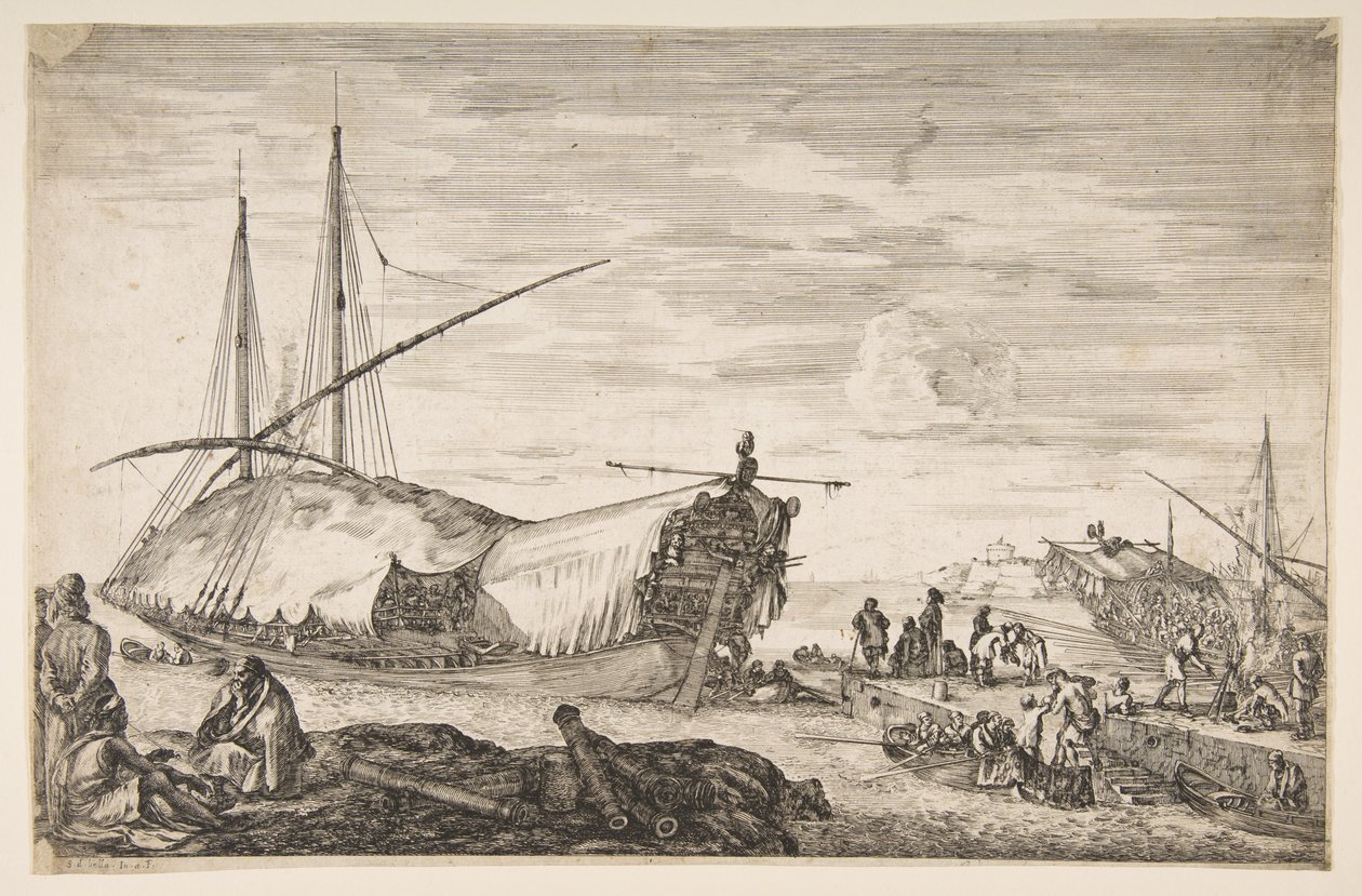 Une galère couverte de voiles à gauche, six canons et quatre personnes au premier plan à gauche, 1655 - Stefano della Bella