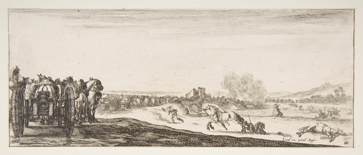 Une procession de carrosses à canon tirés par des chevaux à gauche, cavaliers en combat et un cheval mort, vers 1641 - Stefano della Bella