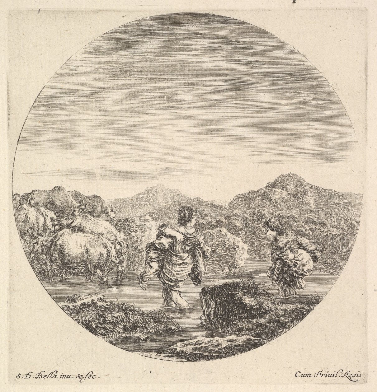Une femme portant un enfant au centre, vue de dos, une autre femme à droite, faisant face, vers 1643-48 - Stefano della Bella
