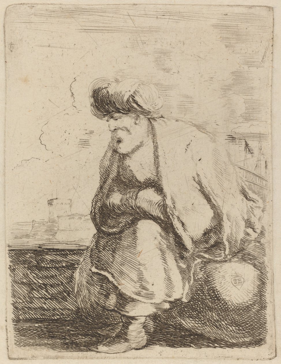 Un vieux Turc avec turban assis sur un rocher - Stefano della Bella