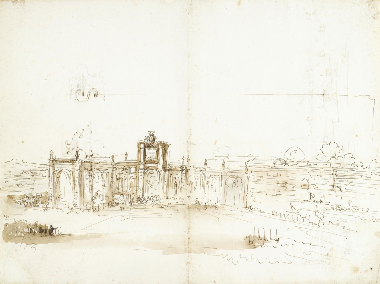 Vue du port de Livourne avec un bâtiment arborant les armoiries des Médicis [recto] ; vue du port et deux études ornementales [verso] - Stefano della Bella