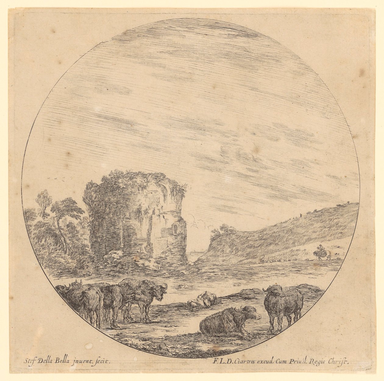 Ruine de temple antique avec des buffles couchés et un cavalier à l