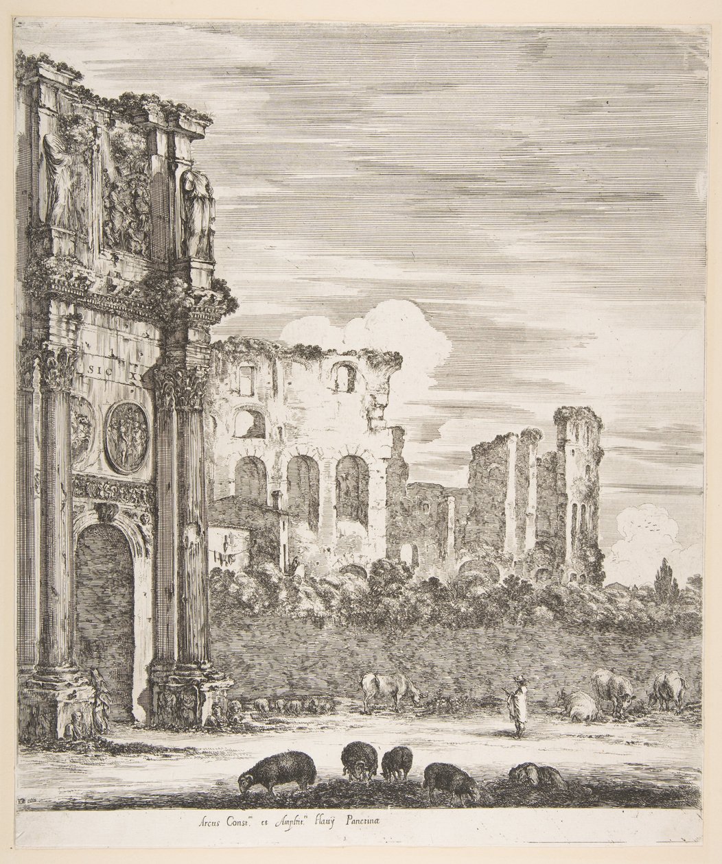 Arc de Constantin et Colisée avec moutons paissant au premier plan, de Six grandes vues..., 1656 - Stefano della Bella