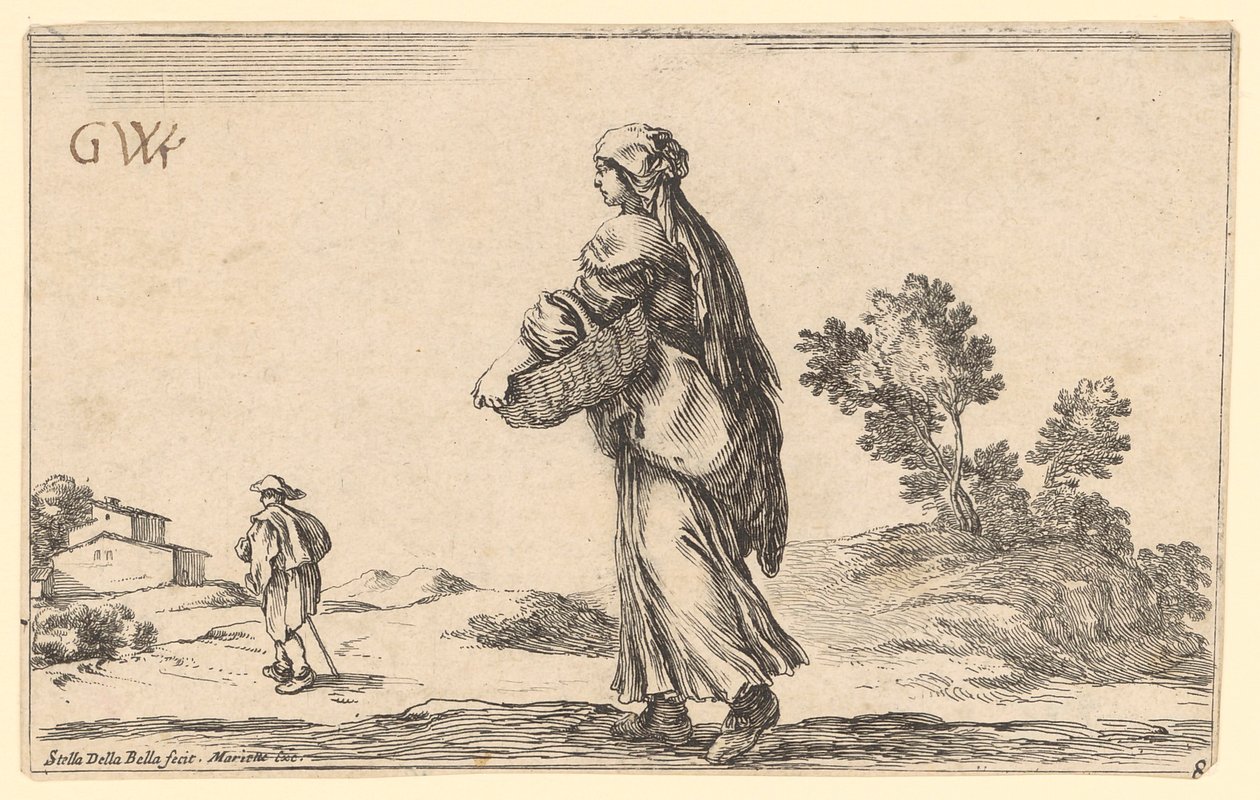 Une paysanne avec un panier, vue de profil vers la gauche ; devant elle, un voyageur tourné vers la gauche - Stefano della Bella