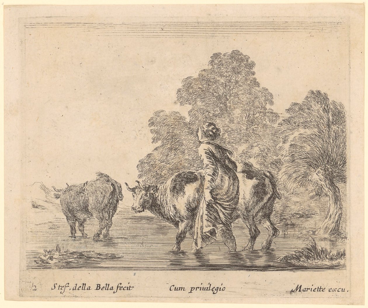Paysanne traversant une rivière avec deux vaches - Stefano della Bella