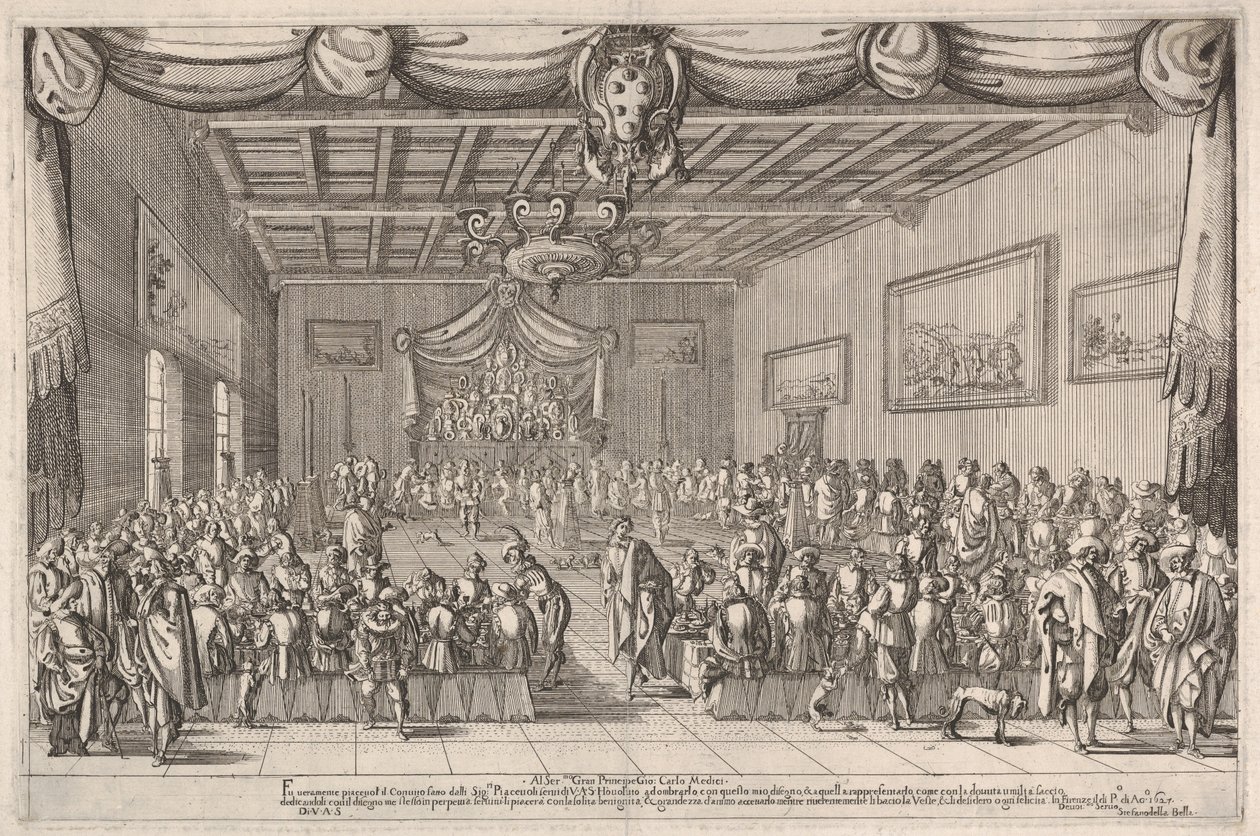 Banquet des Piacevoli, armoiries des Médicis en haut au centre - Stefano della Bella
