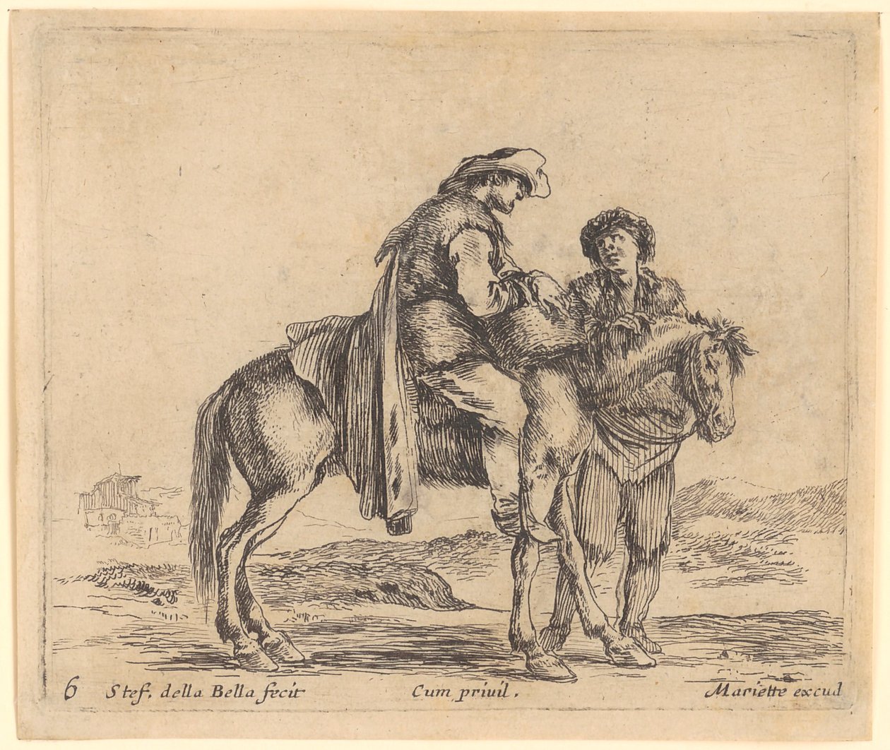 Paysan à cheval, de profil vers la droite, derrière le cheval un deuxième paysan debout - Stefano della Bella