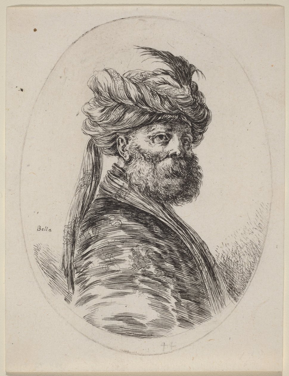 Maure barbu au turban à plumes avec un voile, tourné vers la droite - Stefano della Bella