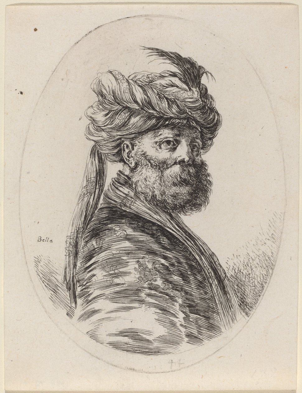 Maure barbu en turban à plumes avec un voile, tourné vers la droite, 1649-1650 - Stefano della Bella