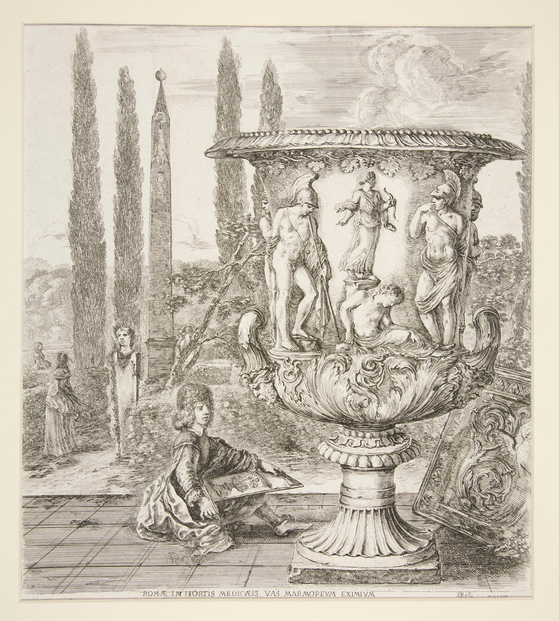 Garçon dessinant le vase Médicis dans un jardin italien - Stefano della Bella