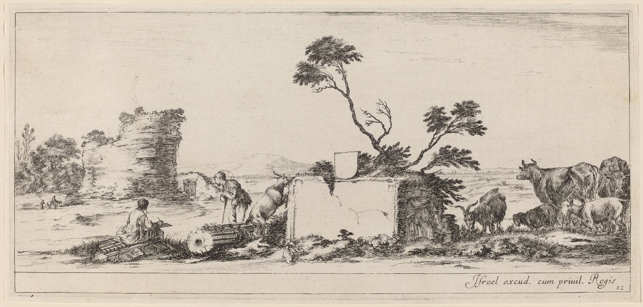 Scène de campagne avec artiste dessinant - Stefano della Bella