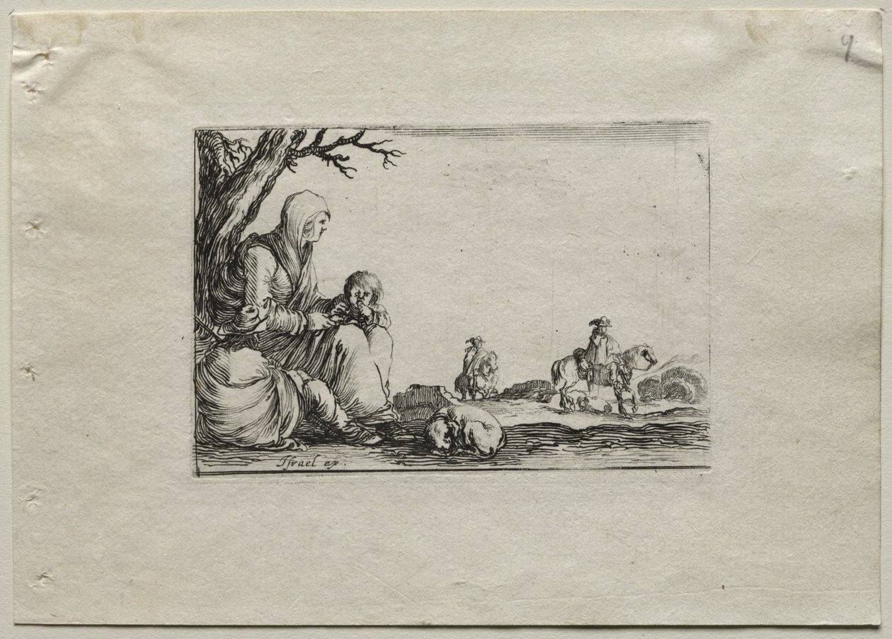 Caprices : Femme mendiant assise avec deux enfants - Stefano della Bella