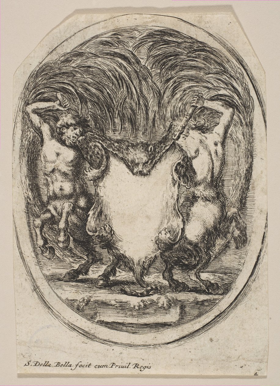 Cartouche formé par une peau de tigre flanquée de deux centaures, 1647 - Stefano della Bella