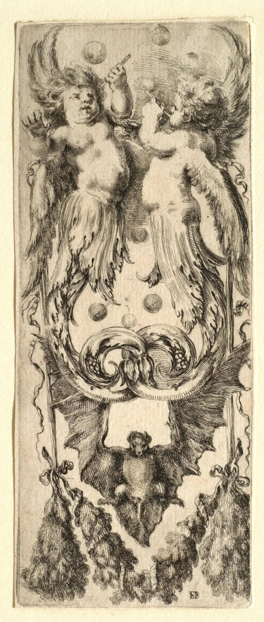Des chérubins soufflant des bulles, une chauve-souris et une guirlande - Stefano della Bella