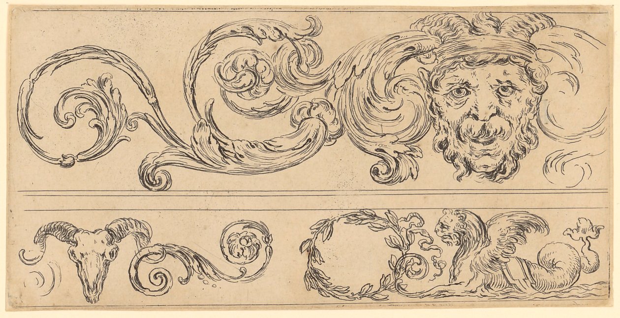 Trois fragments de frise, avec une grotesque en haut - Stefano della Bella