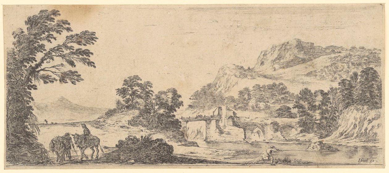 Paysage fluvial avec un pont en pierre - Stefano della Bella