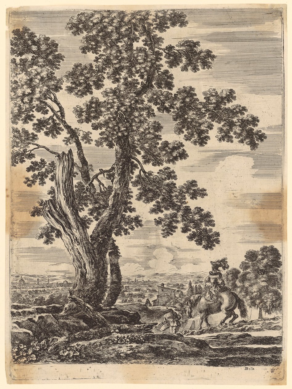 Femme à cheval et homme vu de dos, en chemin vers Florence - Stefano della Bella