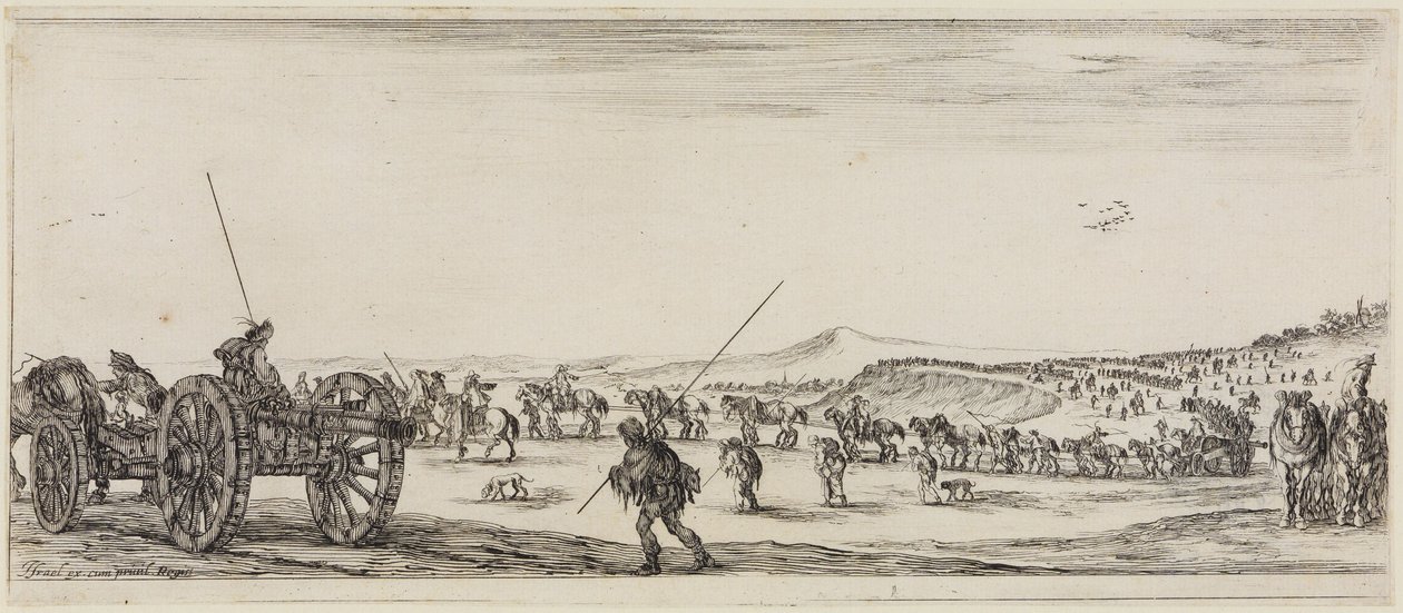 La paix et la guerre (Et pace et bello) : des rangées de canons et deux soldats équipés de longues lances - Stefano della Bella