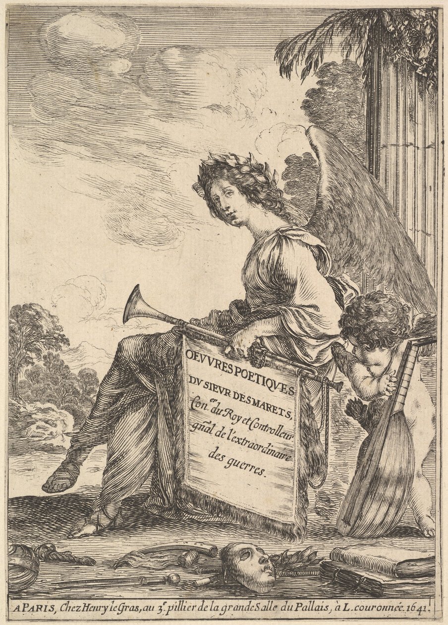 Frontispice pour Poèmes de Desmarets Oeuvres poétiques de Desmarets : une femme ailée rep..., 1641 - Stefano della Bella