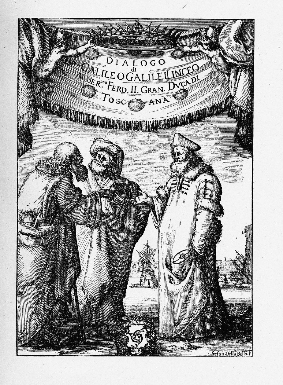 Frontispice du Dialogue sur les deux principaux systèmes du monde par Galileo Galilei, 1632 - Stefano della Bella