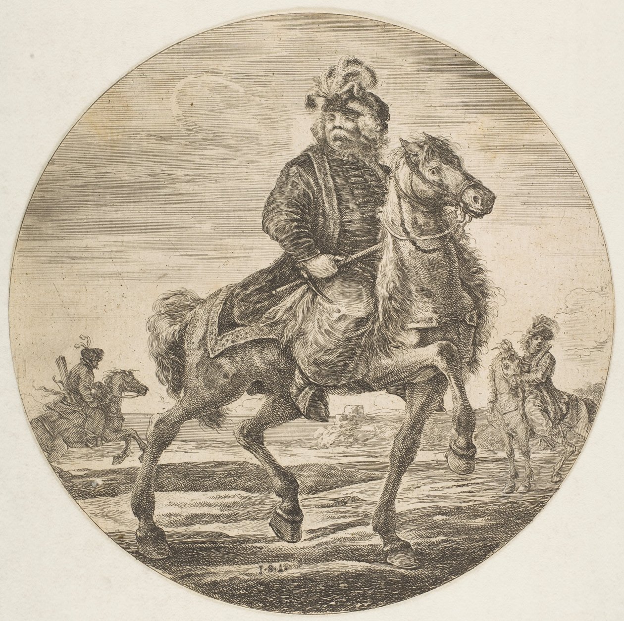 Cavalier hongrois chevauchant vers la droite, autres cavaliers en arrière-plan, un cirque, vers 1651 - Stefano della Bella