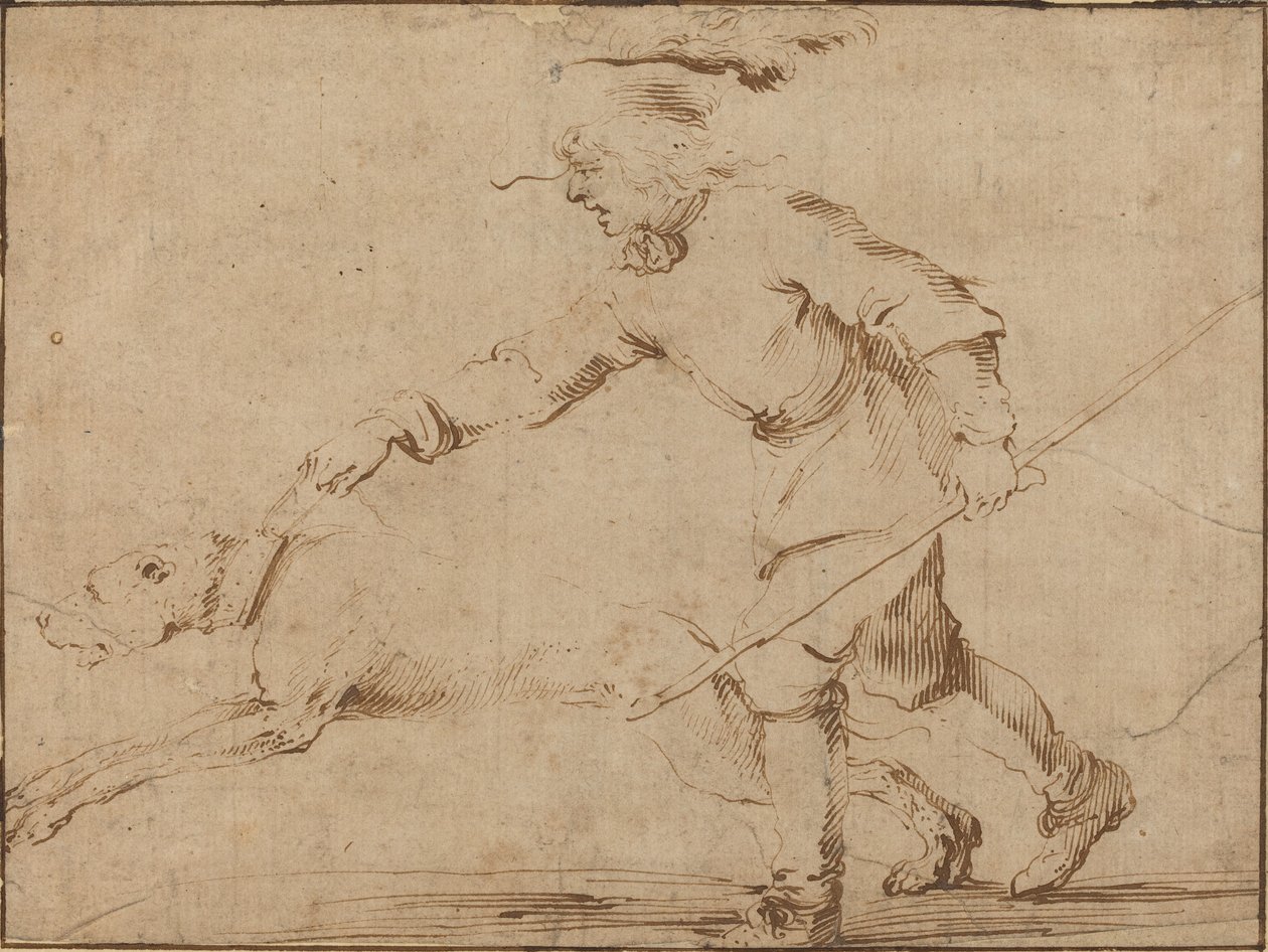 Chasseur avec un chien en laisse - Stefano della Bella