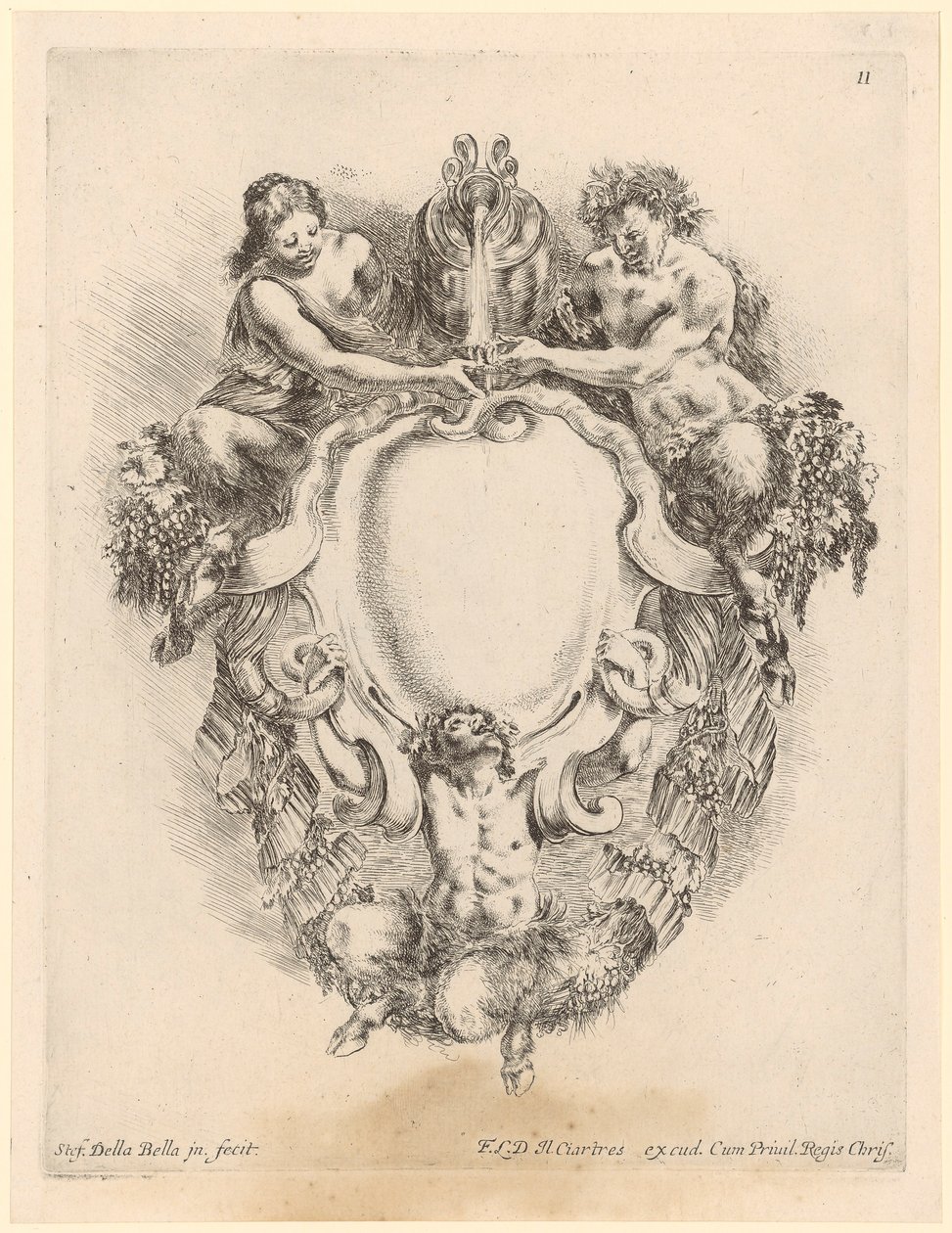 Cartouche représentant trois satyres et une cruche à vin - Stefano della Bella