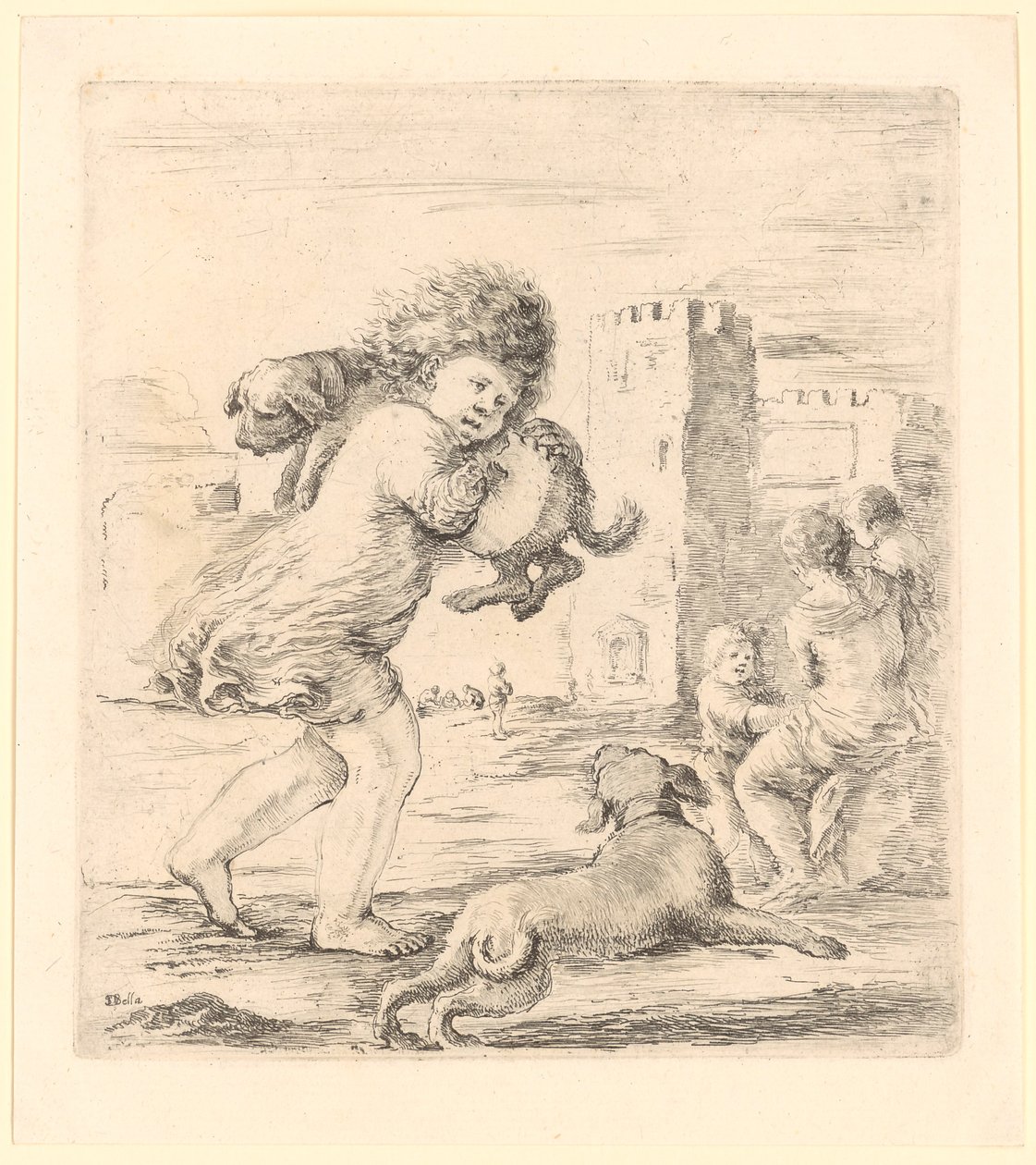 Un enfant porte un chiot sur son épaule gauche - Stefano della Bella