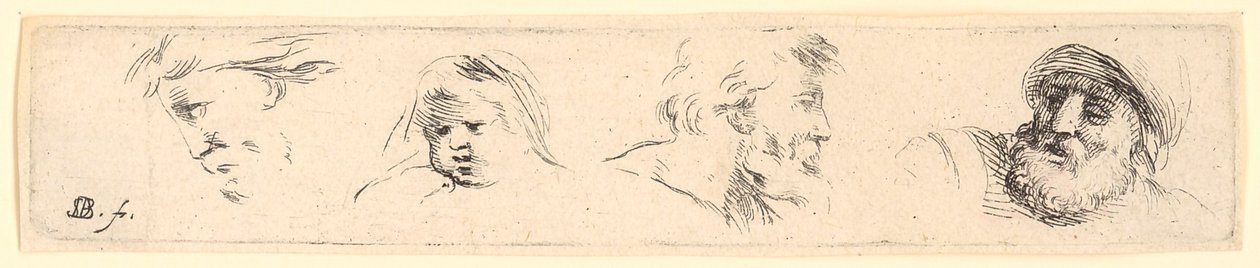 Études de têtes représentant trois hommes barbus, dont celui de droite porte un casque, et un enfant - Stefano della Bella