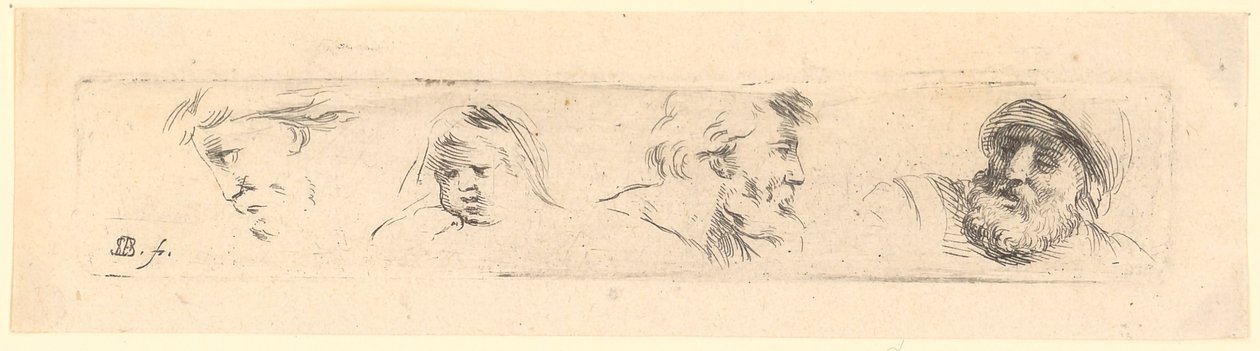Études de têtes de trois hommes barbus, celui de droite portant un casque, et d