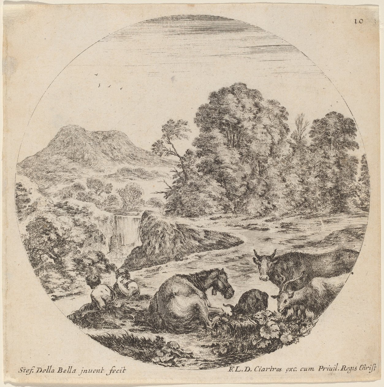 Paysage avec des animaux et deux bergers assis - Stefano della Bella