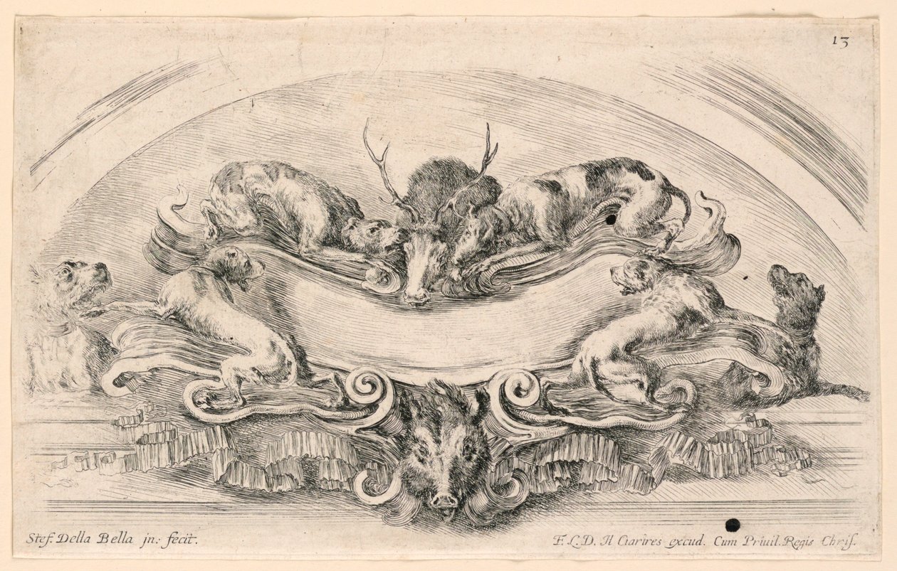Lunette avec écussons, n° 13 de "Raccolta di varii cappriccii et nove inventioni di cartelle et ornamenti" - Stefano della Bella