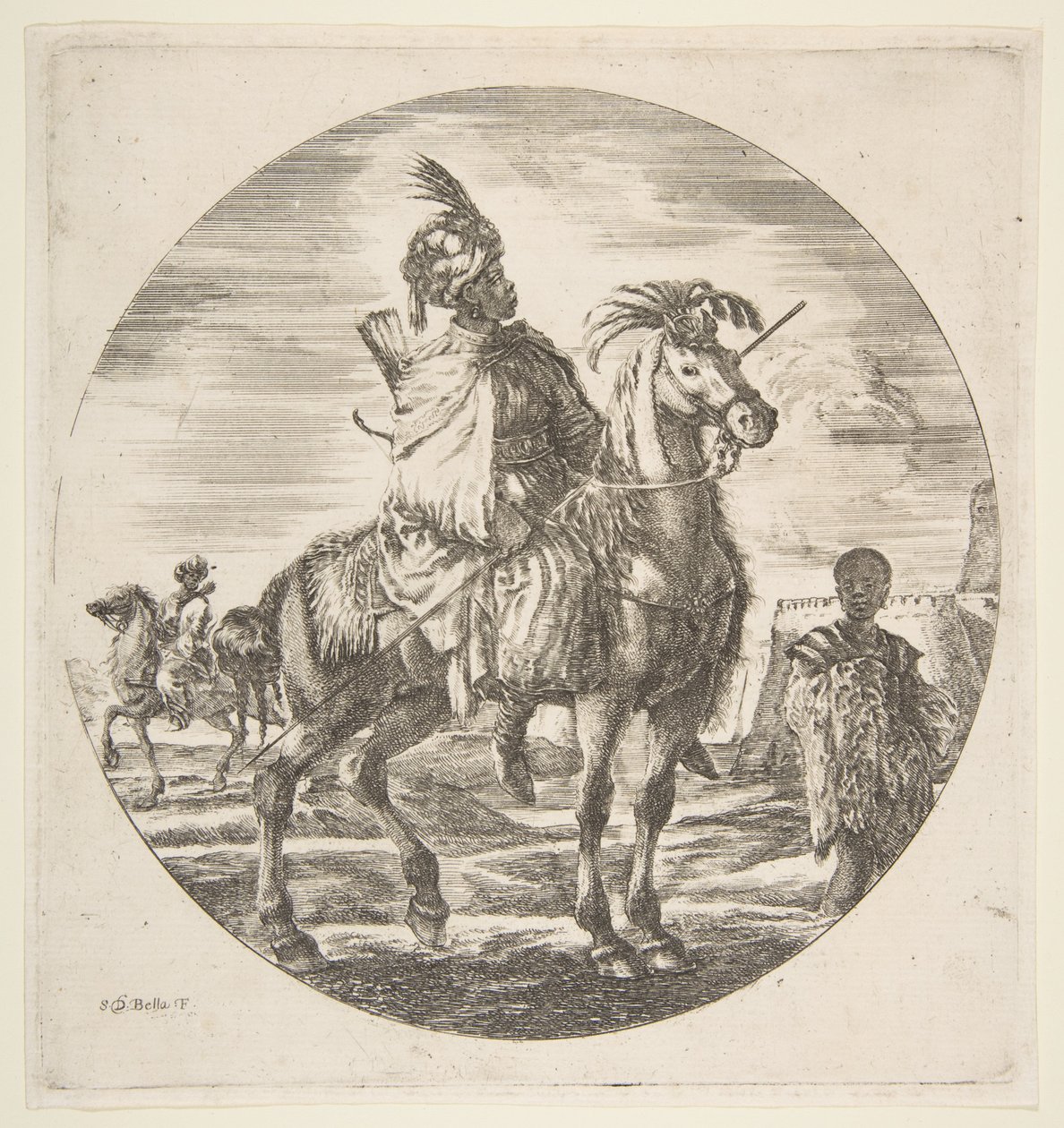 Cavalier maure de profil face à droite, un esclave noir tenant une fourrure à droite, un autre..., ca. 1651 - Stefano della Bella