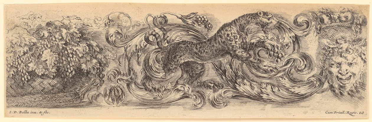 Frise ornementale avec un léopard bondissant au centre, une corbeille de fruits à gauche et un masque grotesque à droite - Stefano della Bella