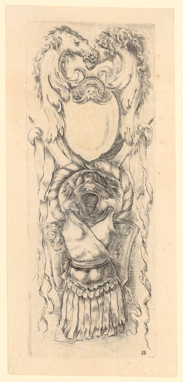 Panneau comportant, en haut, deux têtes de cheval, en dessous un bouclier et, tout en bas, une armure ; feuille n° 7 de la série « Ornements ou grotesques » - Stefano della Bella