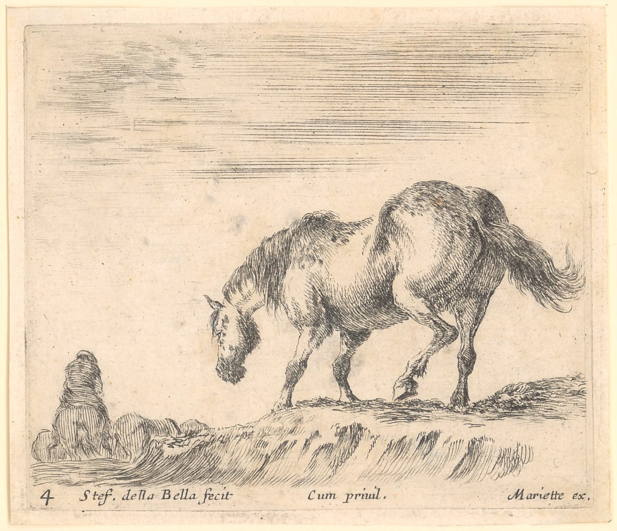Cheval de profil tourné vers la gauche, à gauche un cavalier sur un autre cheval - Stefano della Bella