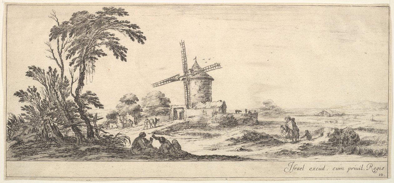 Planche 10 : une famille au centre du premier plan, diverses figures et chevaux au second plan, vers 1641 - Stefano della Bella