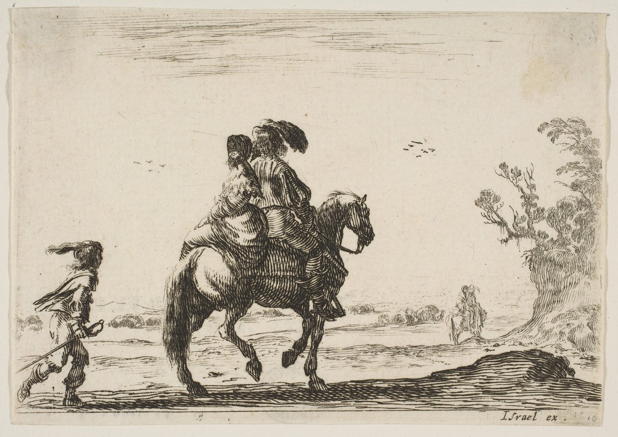 Cavalier et femme vus de dos, chevauchant vers la droite avec un jeune - Stefano della Bella