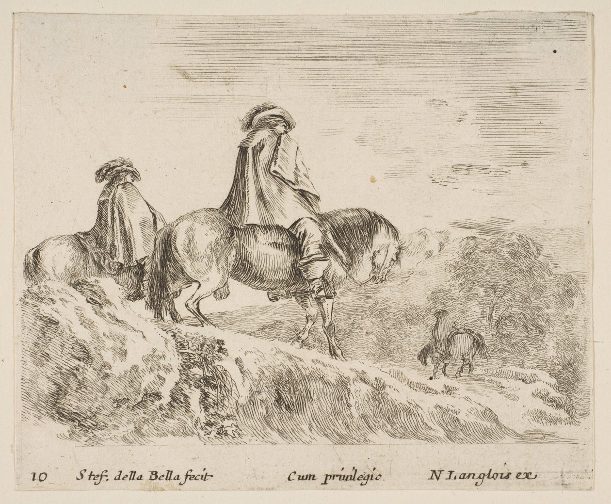 Planche 10: deux cavaliers descendant une montagne à gauche, un autre cavalier à droite dans..., vers 1644-47 - Stefano della Bella
