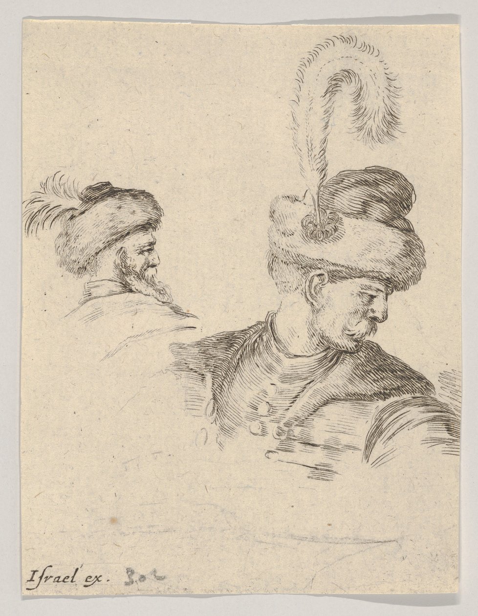 Planche 11 : un buste polonais de profil, tourné vers la droite, une autre tête polonaise vue de..., vers 1649 - Stefano della Bella