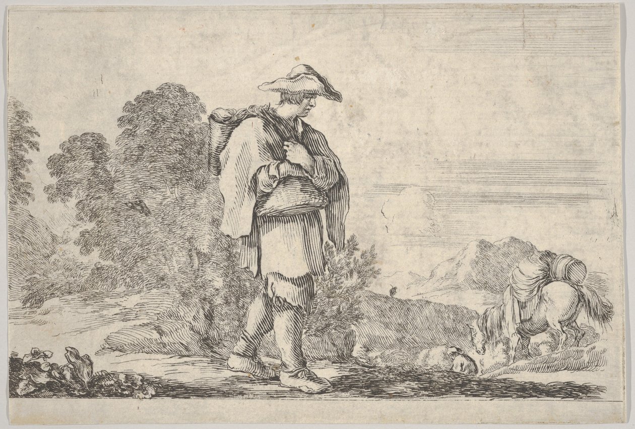 Planche 11 : un paysan portant un chapeau au centre, marchant vers la droite, un cheval descendant, vers 1641 - Stefano della Bella