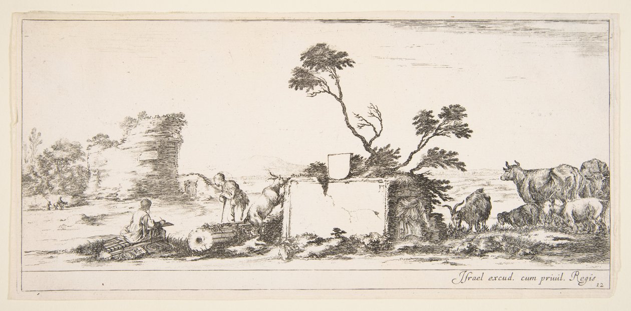 Plate 12: un dessinateur assis à gauche, un berger debout à côté de lui à droite, ruines en arrière-plan, ca. 1641 - Stefano della Bella