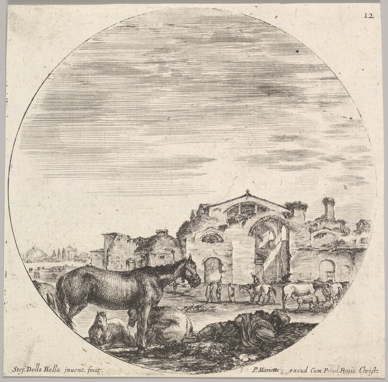 Planche 12 : un berger dormant sur le sol à droite, trois chevaux à gauche, autres..., vers 1643-48 - Stefano della Bella