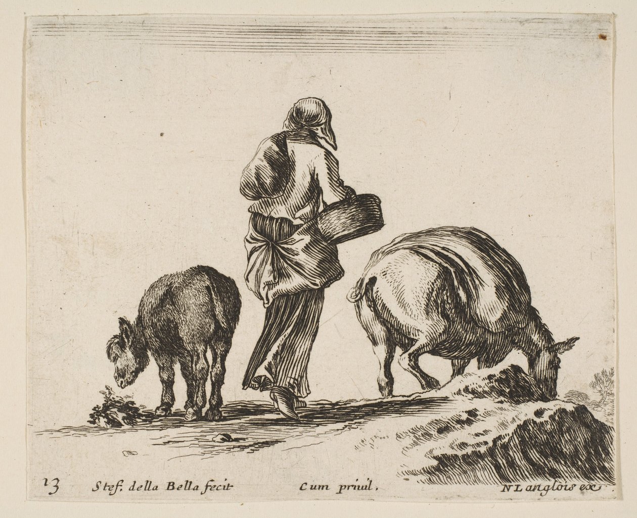Planche 13 : une paysanne, vue de dos, tenant un panier au centre, un âne..., vers 1644-47 - Stefano della Bella